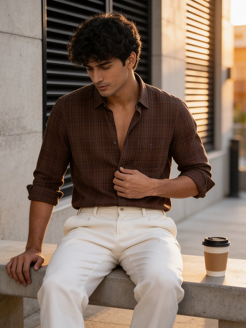 Sand Brown Checkered Casual Shirt