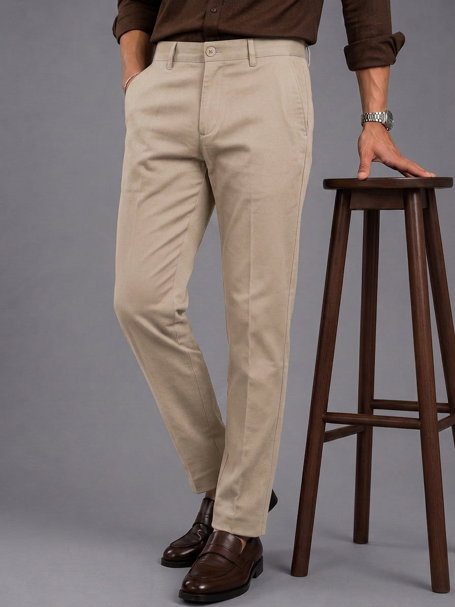 Mist Beige Solid Casual Trousers