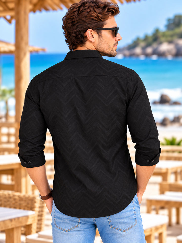 Black Textured Geometric Printed Urban Casual Shirt