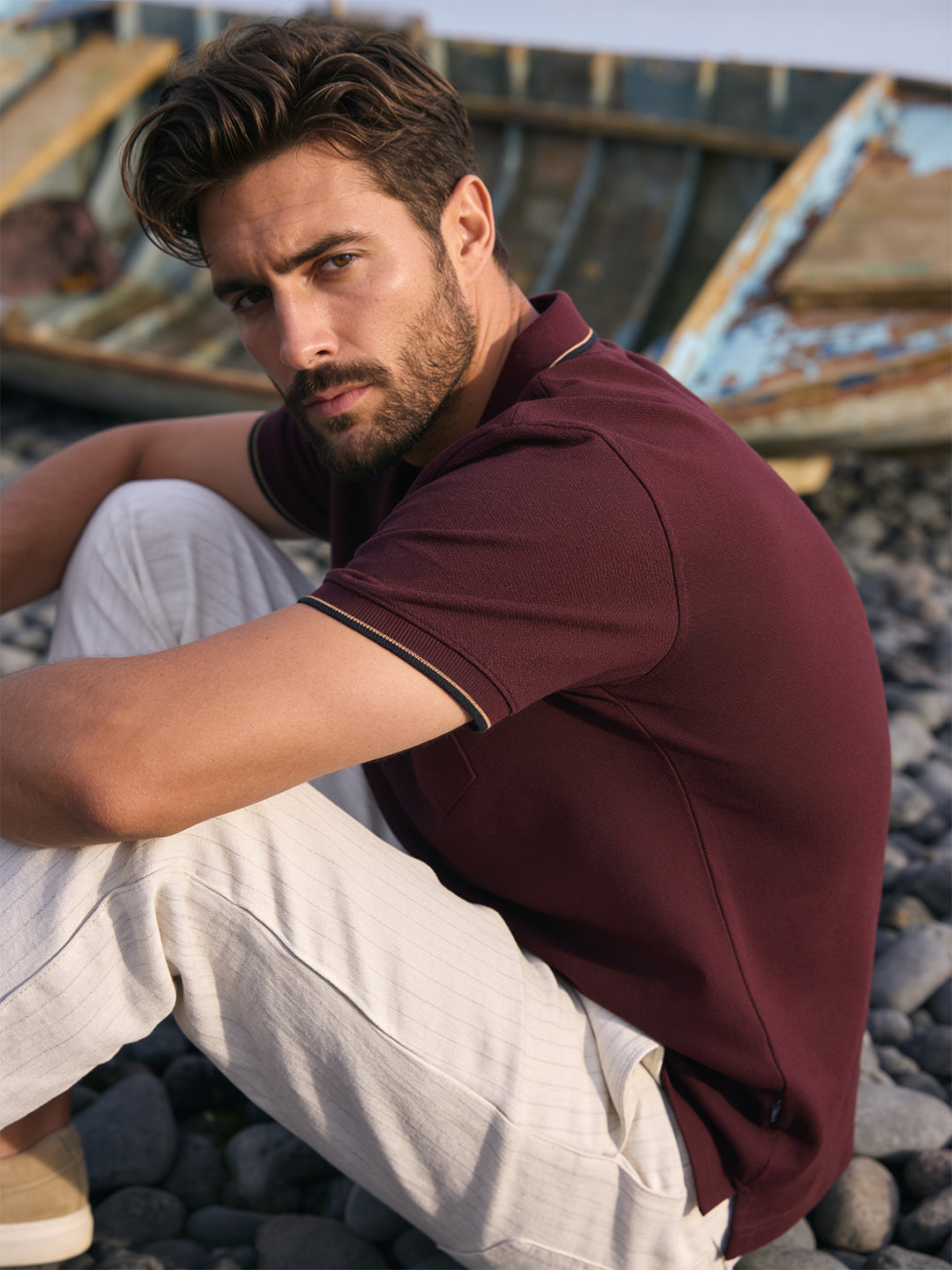 Berry Maroon Textured Plain Polo T Shirt