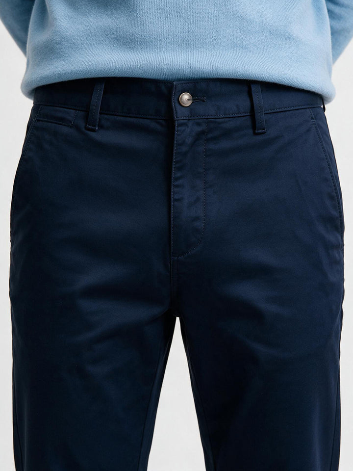 Navy Cotton Twill Satin Solid Casual Trousers