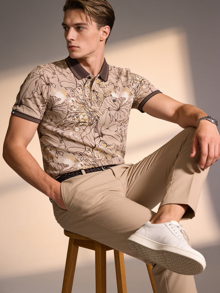 Mocha Beige Printed Polo T Shirt