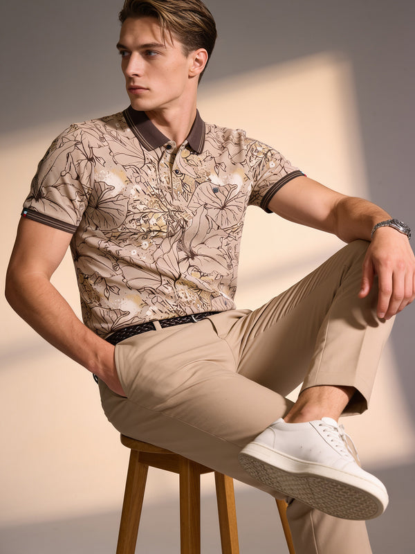 Mocha Beige Printed Polo T Shirt