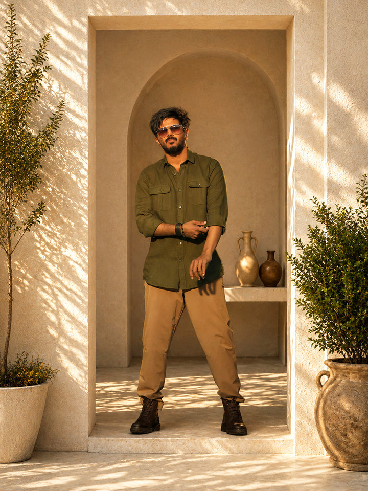 Olive Green Urban Casual Shirt With Dual Pockets