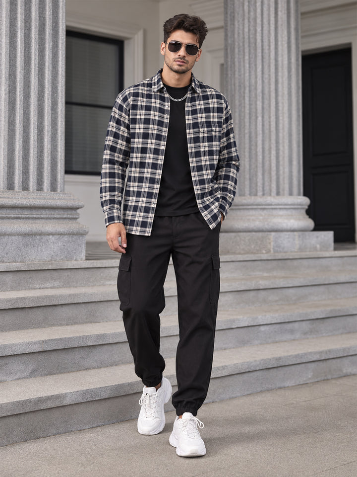 Prussian Blue Checkered Casual Shirt