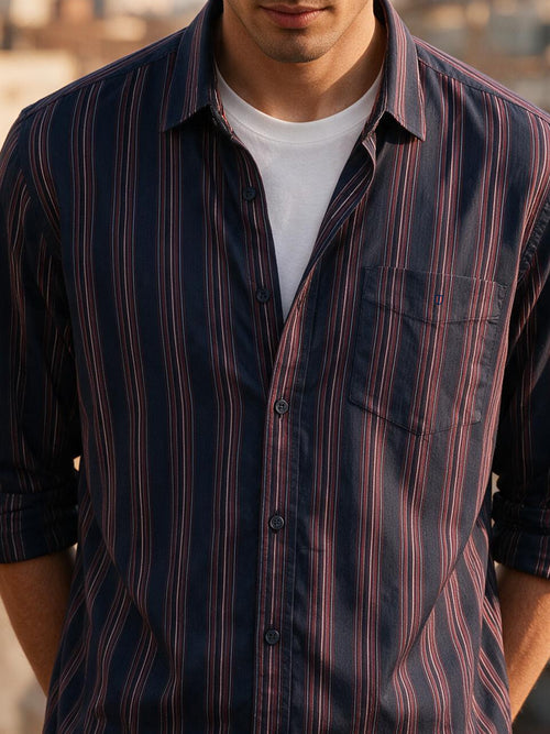 Plum Navy Stripes Casual Shirt