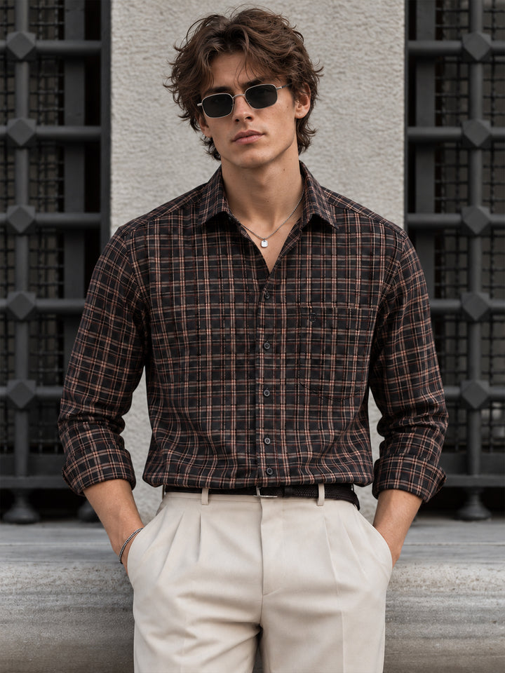 Brown and Black Checkered Formal Shirt