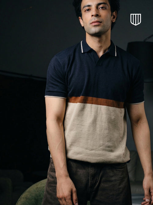 Navy and Cream Horizontal Stripes Polo T Shirt