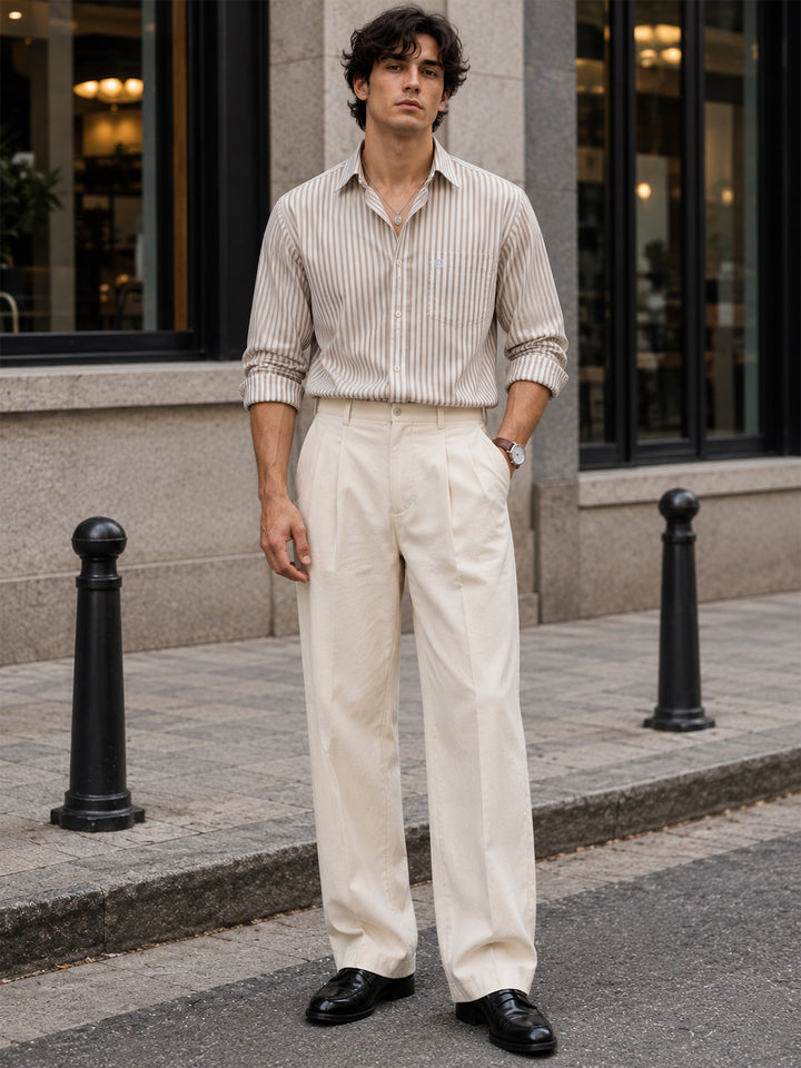 Oatmeal Beige and White Vertical Stripes Formal Shirt