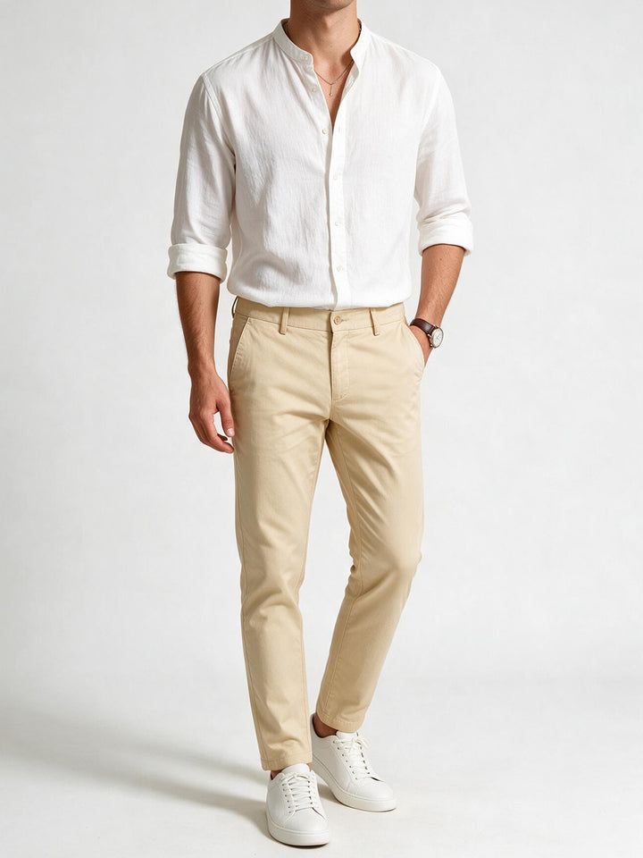 Beige Cotton Twill Satin Solid Casual Trousers