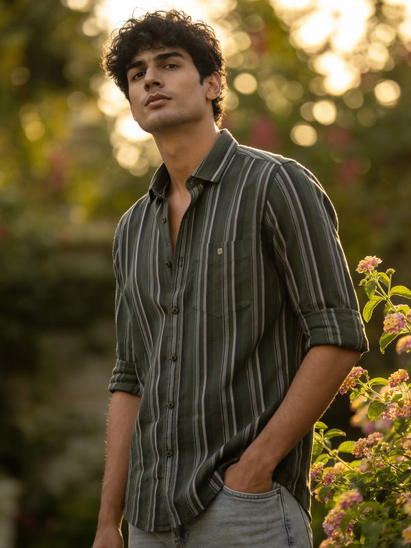 Charcoal Olive Vertical Stripes Casual Shirt