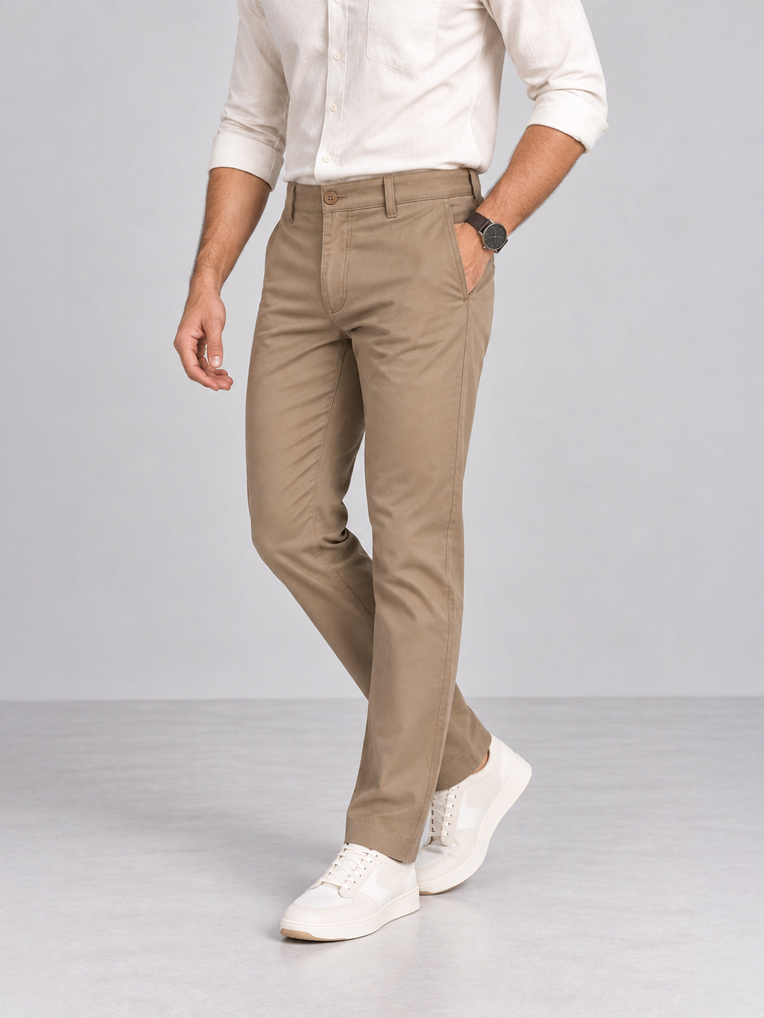Warm Khaki Solid Casual Trousers