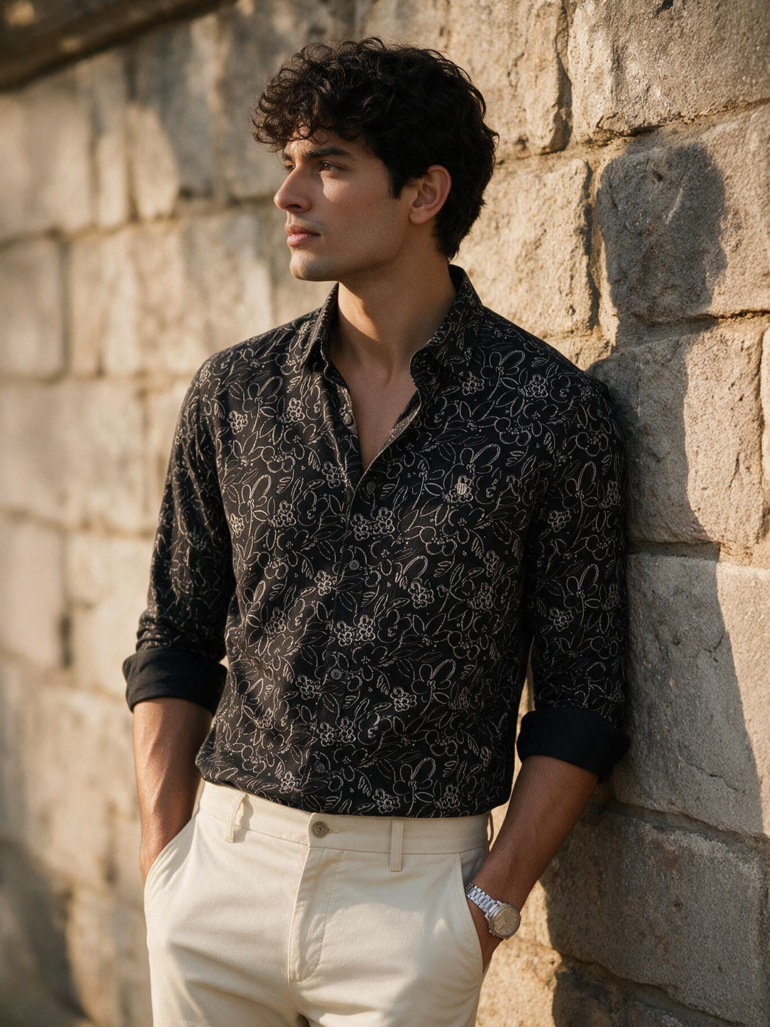 Raven Black Floral Printed Casual Shirt