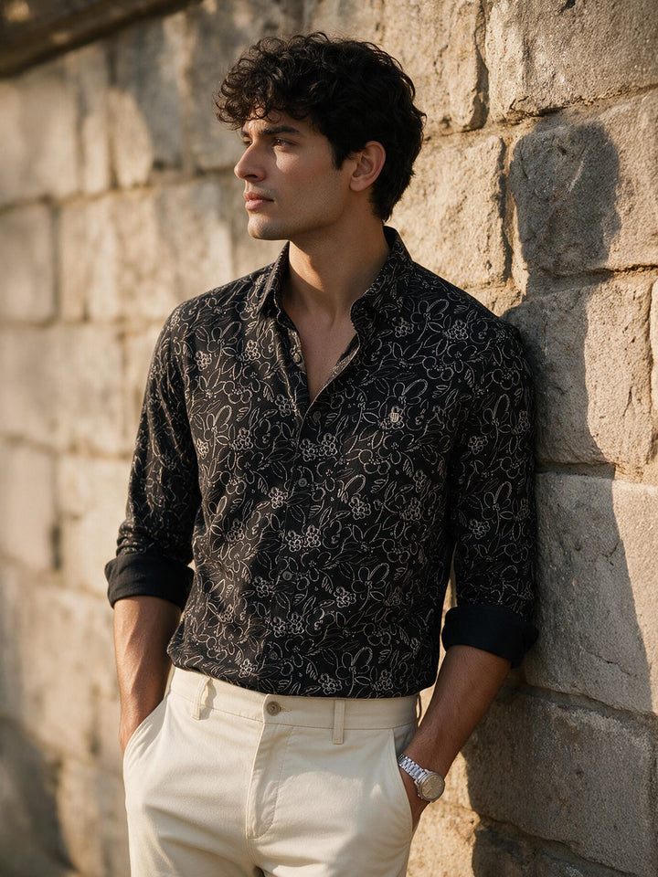 Raven Black Floral Printed Casual Shirt