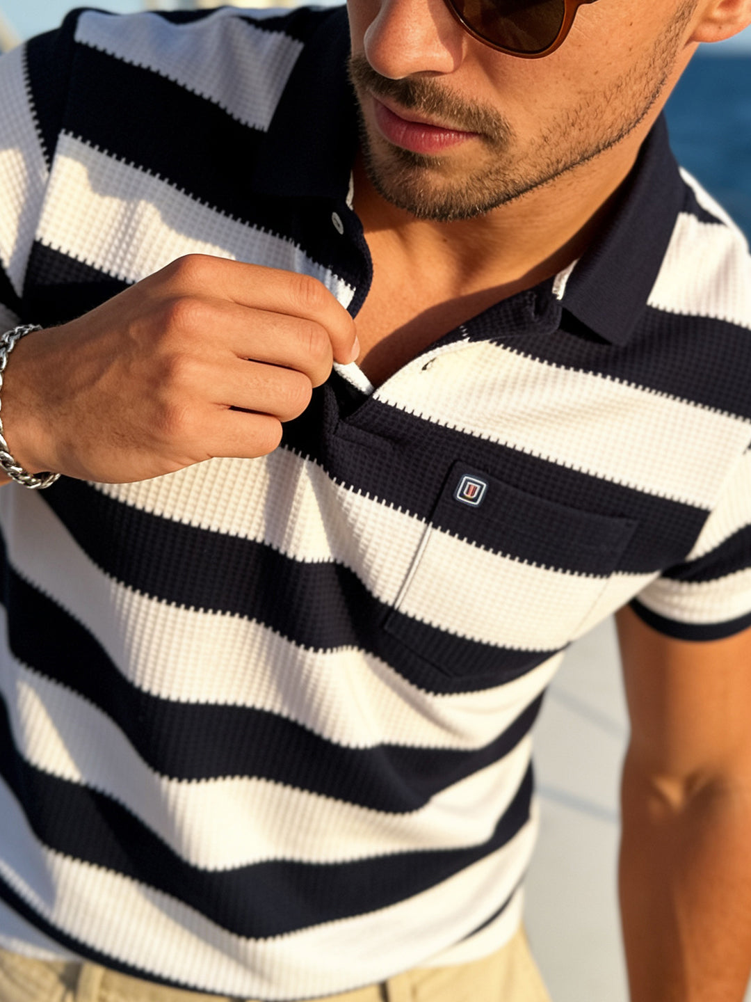 Ink Navy Solid Horizontal Stripes Polo T Shirt
