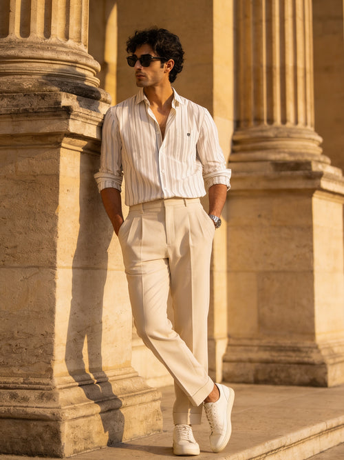 Ivory Mist and Blue Line Vertical Stripes Casual Shirt
