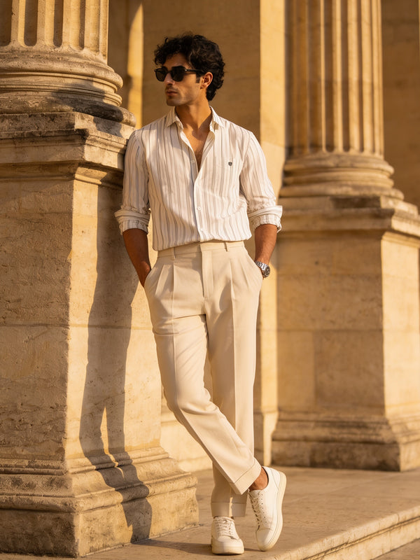 Ivory Mist and Blue Line Vertical Stripes Casual Shirt