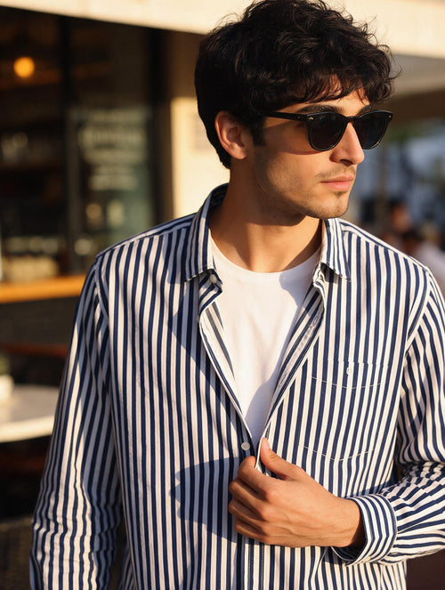 Ink Blue and White Vertical Stripes Casual Shirt