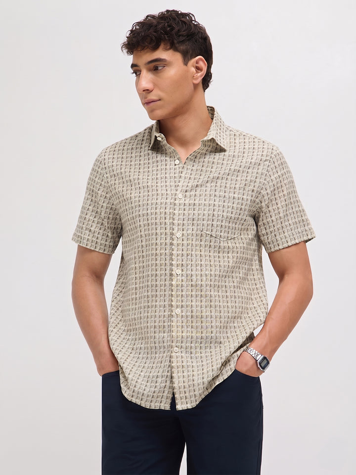 Clay Beige Cube Printed Casual Shirt
