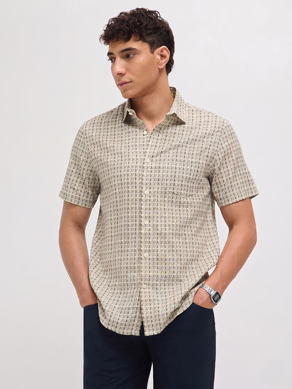 Clay Beige Cube Printed Casual Shirt