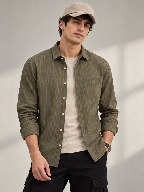 Light Olive Vertical Stripes Casual Shirt