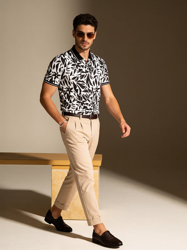 Black and White Floral Printed Polo T Shirt