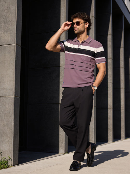 Smoky Plum Horizontal Stripes Polo T Shirt