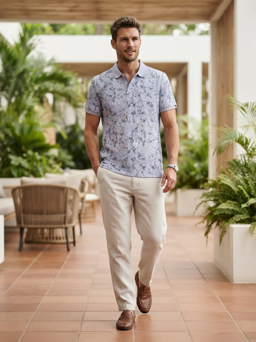 Dusty Slate Blue Leaf Printed Polo T Shirt