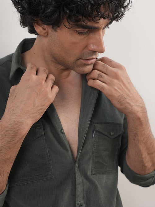 Olive Green Corduroy Plain Shirt
