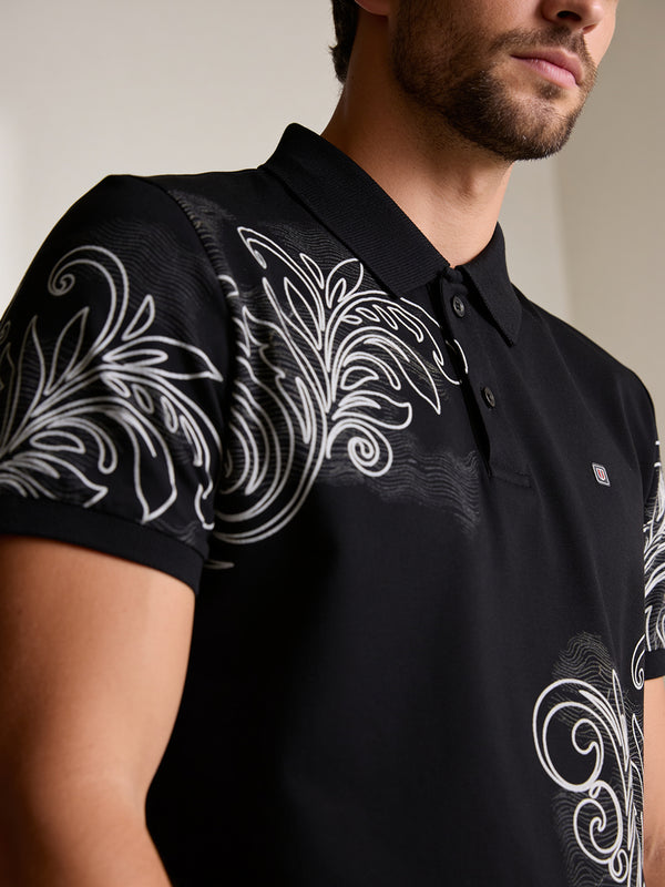 Obsidian Black and White Printed Polo T Shirt