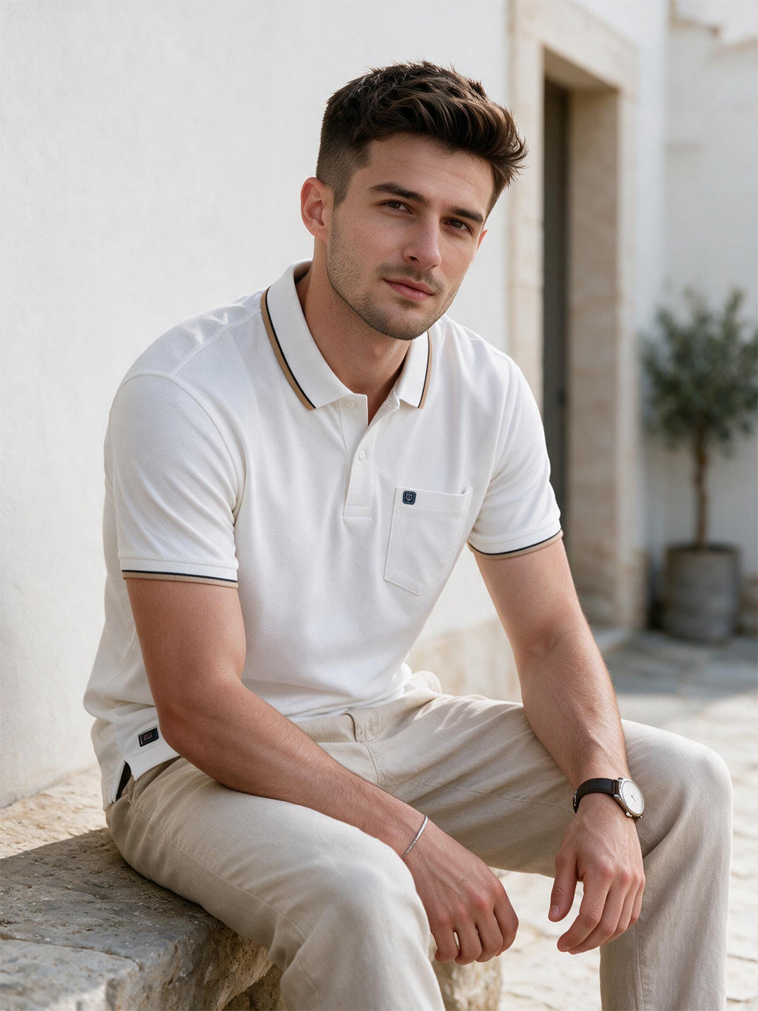 Snow White Textured Plain Polo T Shirt