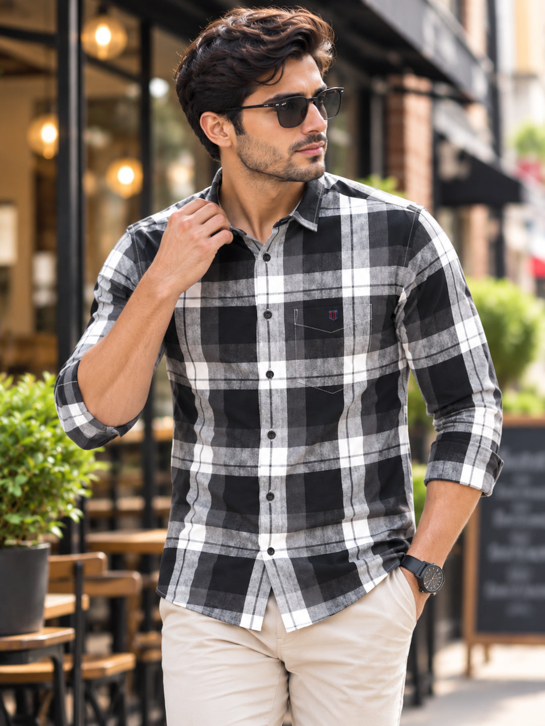 Black and Grey Checkered Casual Shirt