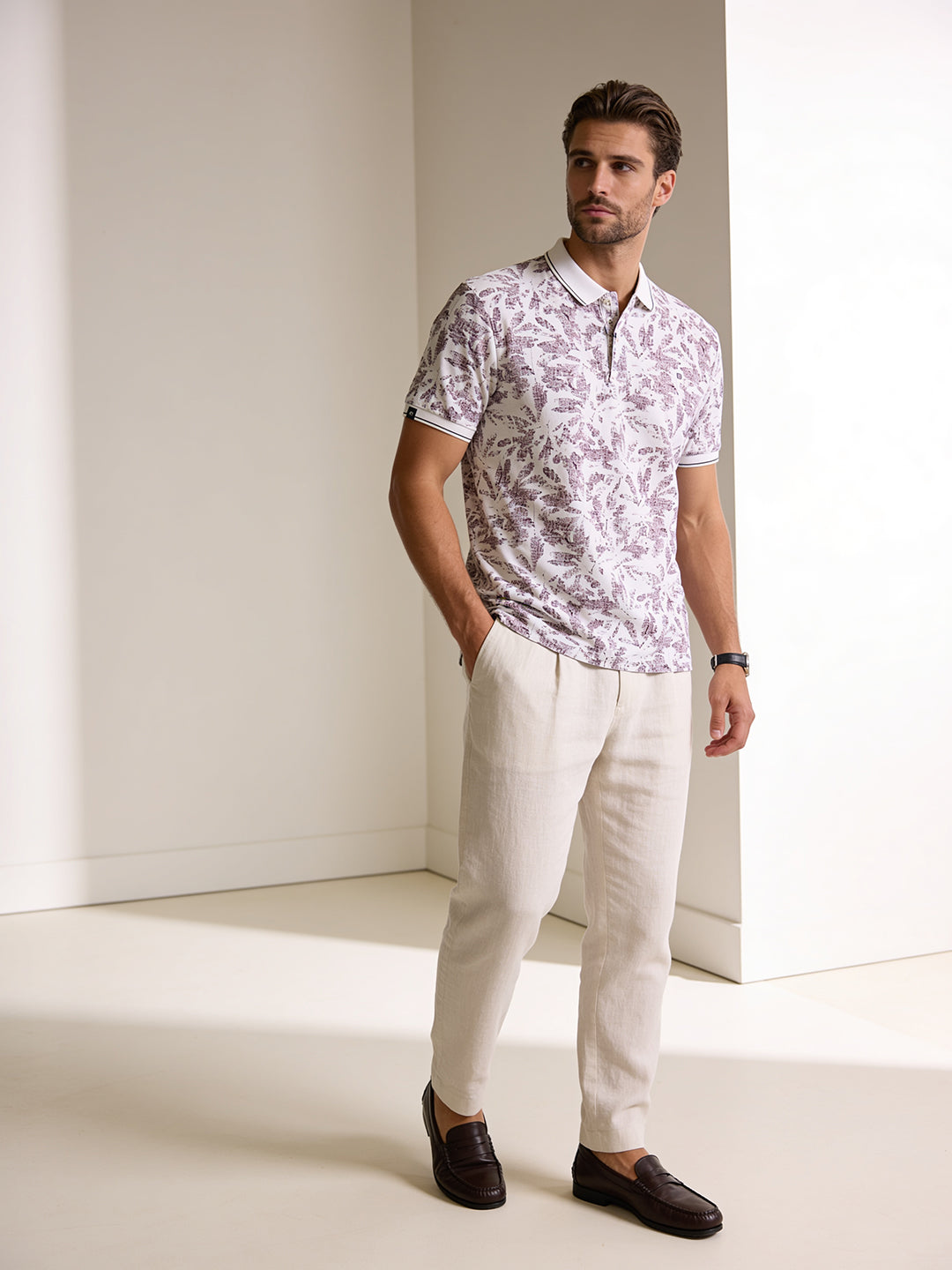 Plum Purple and White Printed Polo T Shirt