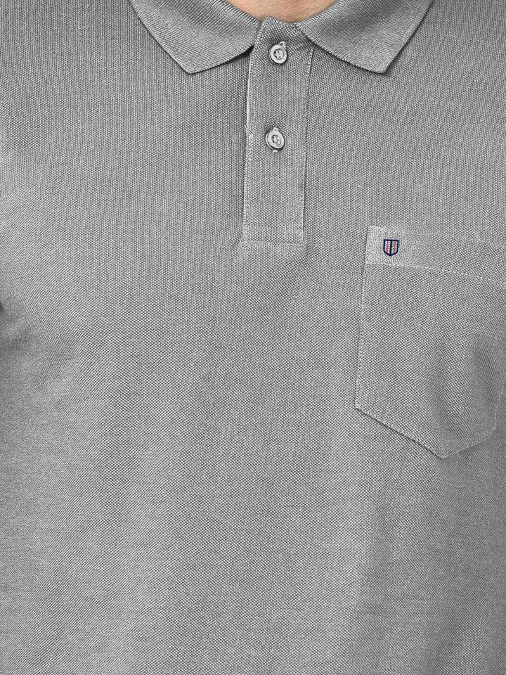 Grey Melange Plain Casual Polo T Shirt