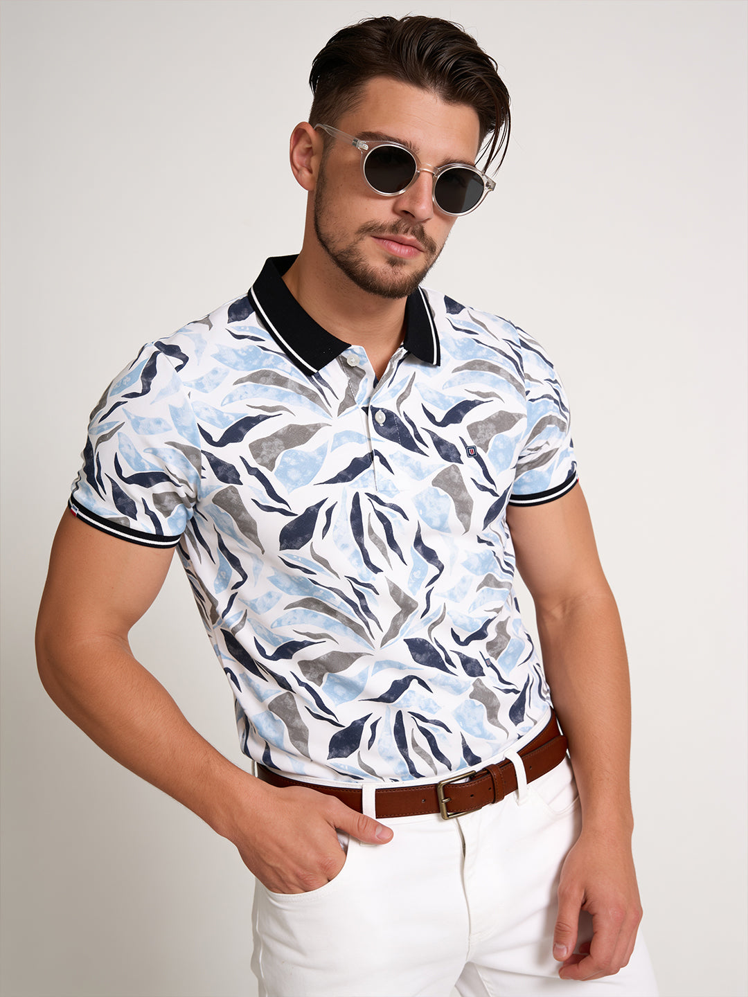 Mid Blue Abstract Printed Polo T Shirt
