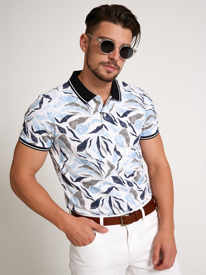 Mid Blue Abstract Printed Polo T Shirt