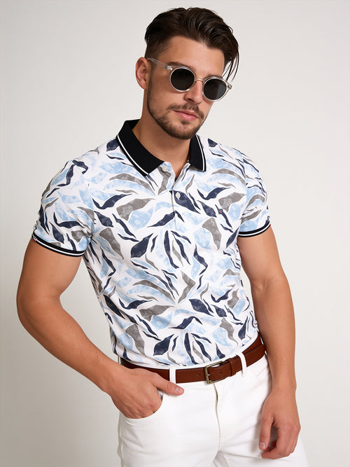 Mid Blue Abstract Printed Polo T Shirt