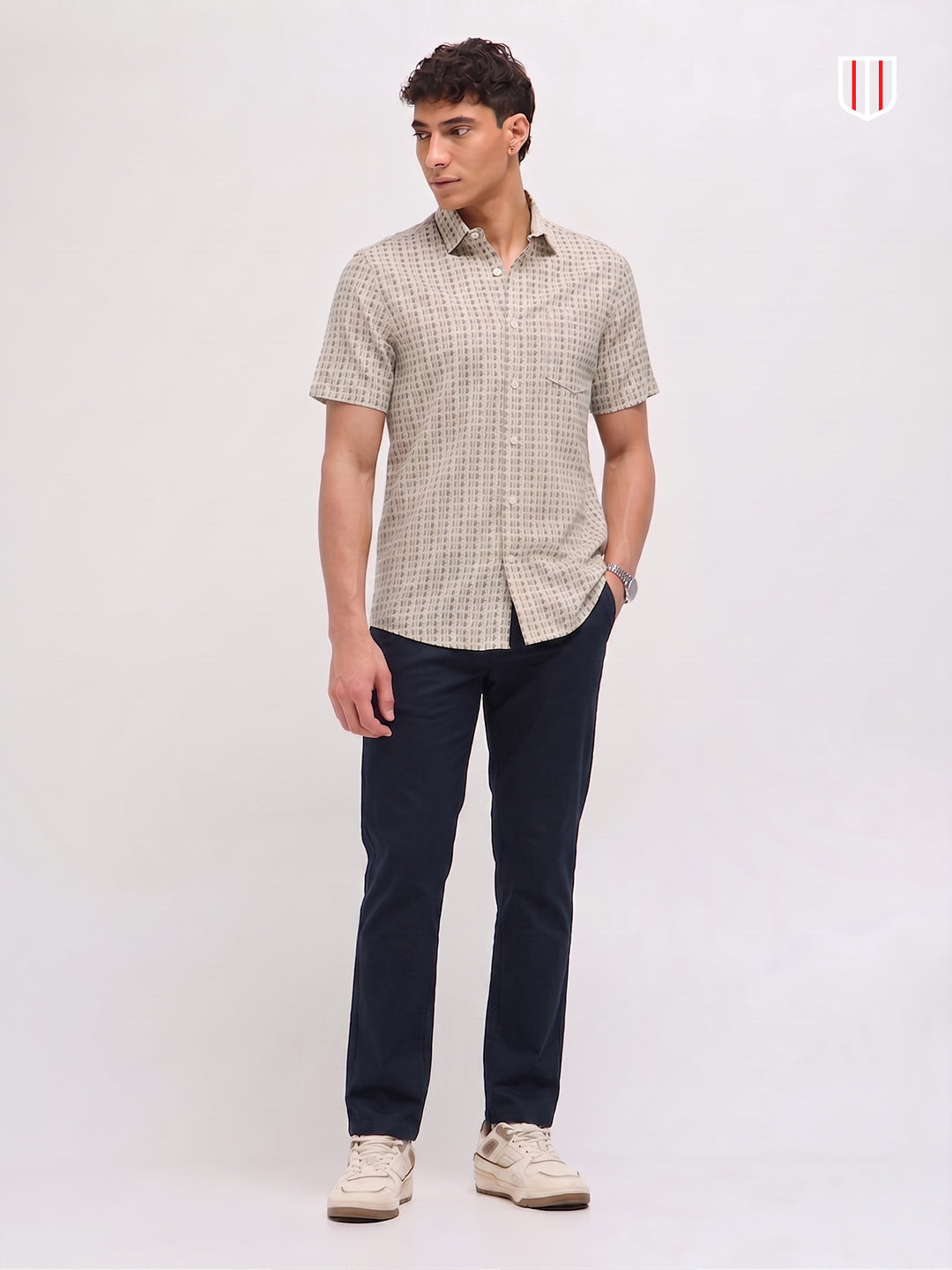 Clay Beige Cube Printed Casual Shirt