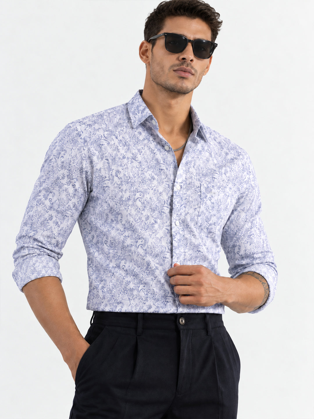 Powder Blue Floral Printed Formal Shirt