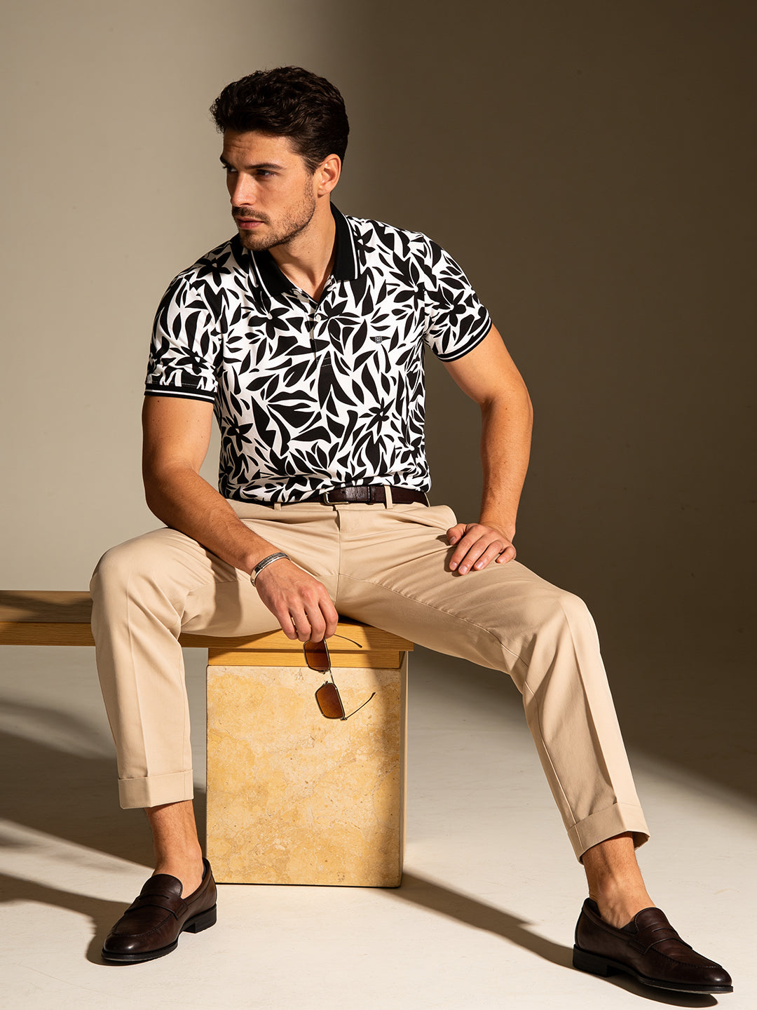 Black and White Floral Printed Polo T Shirt