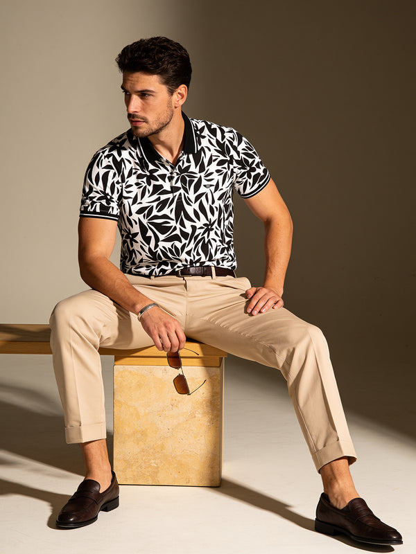Black and White Floral Printed Polo T Shirt