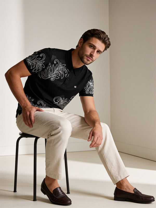 Obsidian Black and White Printed Polo T Shirt