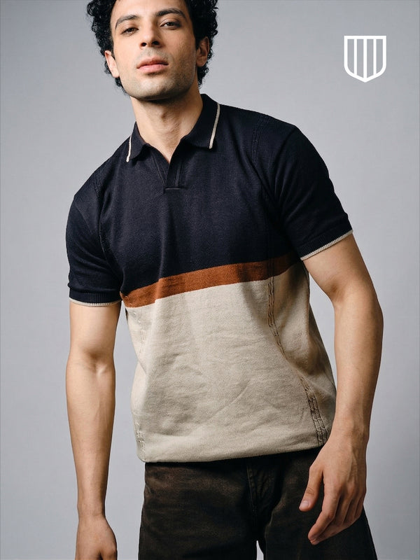 Navy and Cream Horizontal Stripes Polo T Shirt