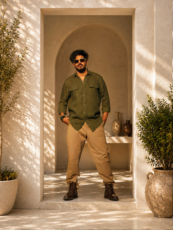 Olive Green Urban Casual Shirt With Dual Pockets
