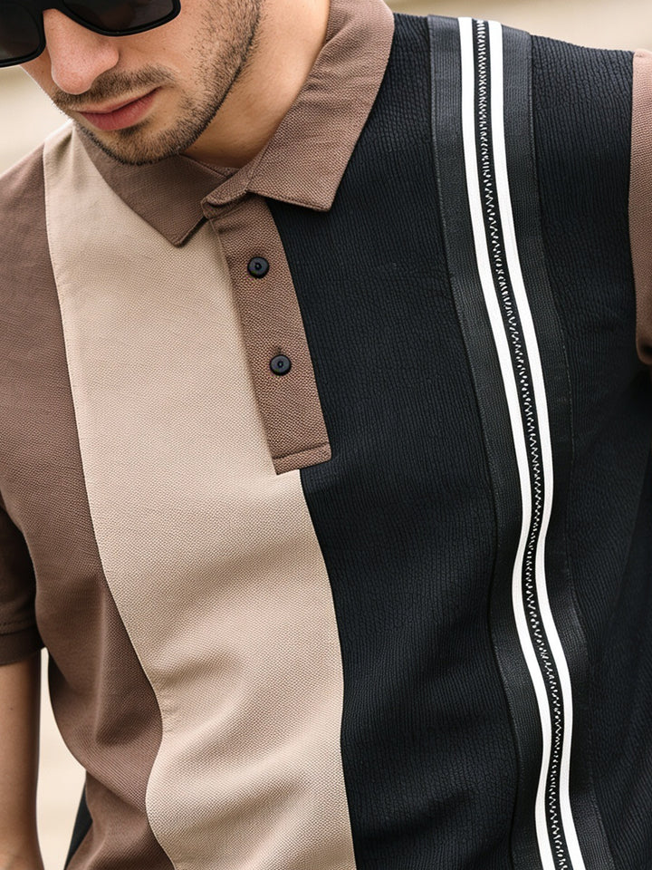 Brown and Cream Vertical Stripes Polo T Shirt