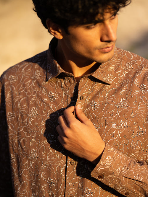 Muted Brown Floral Printed Casual Shirt