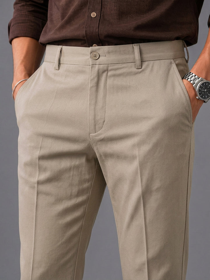 Mist Beige Solid Casual Trousers