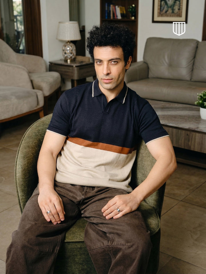 Navy and Cream Horizontal Stripes Polo T Shirt