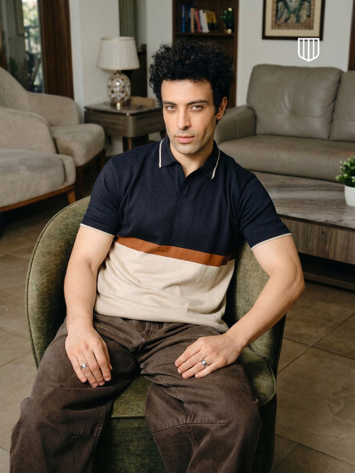 Navy and Cream Horizontal Stripes Polo T Shirt
