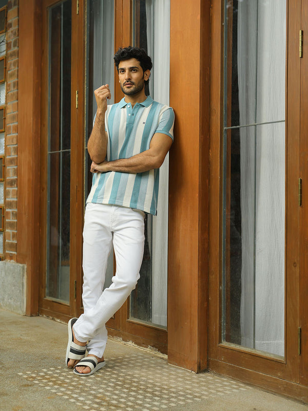 Sea Blue Stripes Polo T Shirt